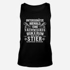 Tätowierte Bikerin Stier Geburt Unisex TankTop, Schwarzes Frau Tee