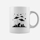 Ufo-Entführungs-Silhouette Herren-Tassen in Schwarz-Weiß, Alien Motiv Tee
