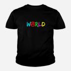 Farbenfrohes WORLD Schriftzug Kinder Tshirt, Buntes Wort Design
