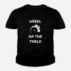 Schwarzes Kinder Tshirt mit HÄBEL ON THE TABLE-Aufdruck & Weißer Katze
