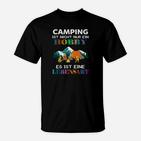Camping-Lebensart T-Shirt, Schwarzes mit Zeltdruck & Spruch