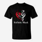 Musikliebhaber T-Shirt Herz & Notenschlüssel, Ich liebe Musik Schwarzes Tee