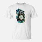 Steampunk-Eulenmuster Herren T-Shirt in Weiß, Designer Tee für Herren