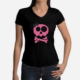 Pink Skull And Crossbones Girl Pirate Women V-Neck T-Shirt