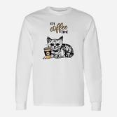 Kätzchen Kaffeepause Langarmshirts, Lustiges Katzenmotiv für Kaffeefans