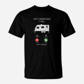 Camping-Herren-T-Shirt Schwarzes mit My Caravan is Calling Aufdruck