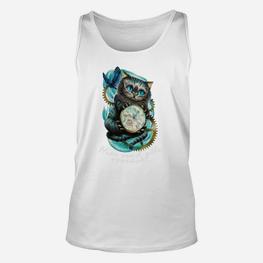 Steampunk-Eulenmuster Herren Unisex TankTop in Weiß, Designer Tee für Herren - Seseable