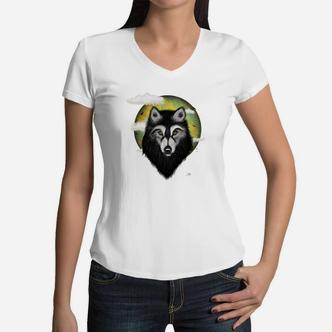 Einsamer Wolf Rudel Alpha Mond Geschenkidee Für Wolfsmenschen Frauen T-Shirt mit V-Ausschnitt - Seseable De