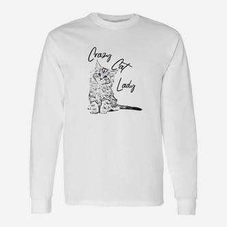 Crazy Cat Lady Langarmshirts in Weiß, Lustiges Katzenliebhaber Tee - Seseable De