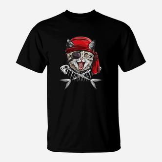 Schwarzes T-Shirt mit Piratenkater-Druck, Lustiges Motiv für Katzenfans - Seseable De