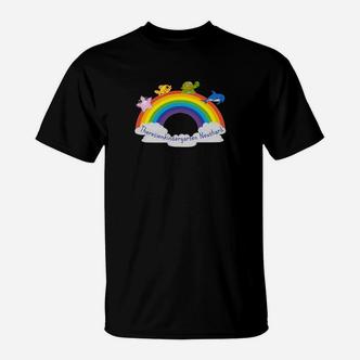 Schwarzes T-Shirt mit Regenbogen & Cartoon-Tiermotiv - Seseable De