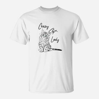 Crazy Cat Lady T-Shirt in Weiß, Lustiges Katzenliebhaber Tee - Seseable De
