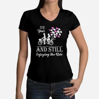 02 Years And Still Enjoying The Ride Wedding Anniversary Husband And Wife Women V-Neck T-Shirt - Seseable