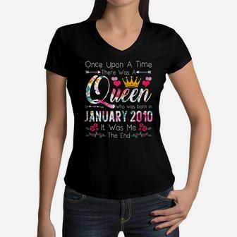 10 Year Old Birthday Girls 10Th Birthday Queen January 2010 Women V-Neck T-Shirt | Crazezy