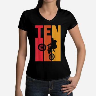 10 Year Old Bmx Birthday Gift Party Boys Dirt Biking 10Th Women V-Neck T-Shirt | Crazezy DE