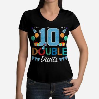 10 Year Old Gifts This Boy Is Now Double Digits Birthday Boy Women V-Neck T-Shirt | Crazezy DE