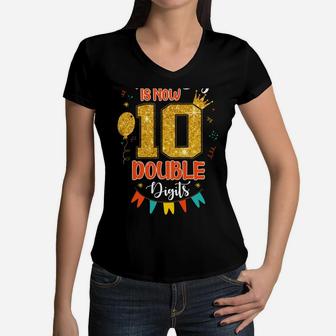10 Year Old This Boy Is Now Double Digits 10Th Birthday Boy Women V-Neck T-Shirt | Crazezy