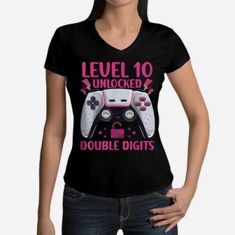 10 Yrs Old Double Digits Birthday Decorations Girl 10 Gamer Women V-Neck T-Shirt | Crazezy AU