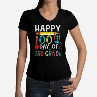 100 Days Of 3Rd Grade - Happy 100Th Day Of School Gift Kids Women V-Neck T-Shirt | Crazezy
