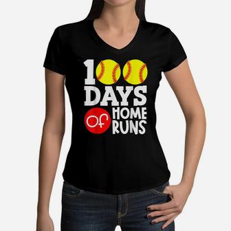 100 Days Of Home Runs School Baseball Softball Boys Girls Women V-Neck T-Shirt | Crazezy DE