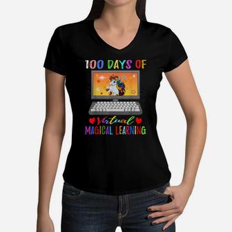 100 Days Of School Virtual Magical Learning Unicorn Girls Women V-Neck T-Shirt | Crazezy AU