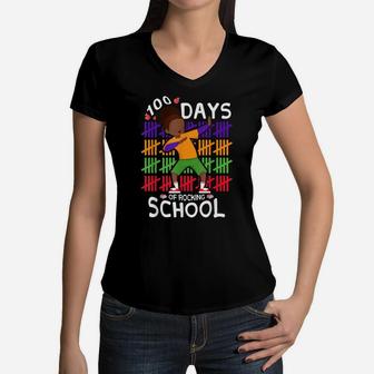 100 Days Rocking School Kids Afro Girls Black History Month Women V-Neck T-Shirt | Crazezy