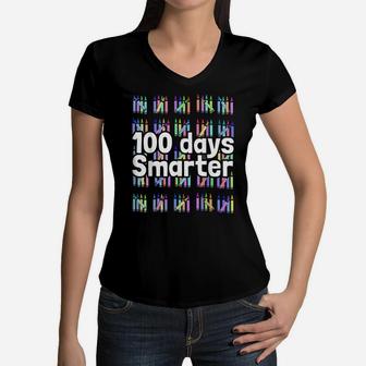 100 Days Smarter Funny Student Kids Gift 100 Days Of School Women V-Neck T-Shirt | Crazezy