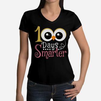 100 Days Smarter Owl Kids Girls Teachers 100Th Day Of School Sweatshirt Women V-Neck T-Shirt | Crazezy