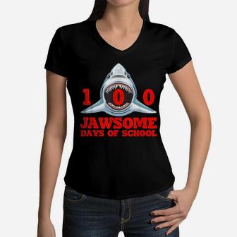 100 Jawsome Days Of School Project Shark Teacher Boy Girl Women V-Neck T-Shirt | Crazezy DE