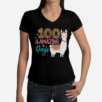 100 Llamazing Days Llama 100Th Day Of School Teacher Kids Women V-Neck T-Shirt | Crazezy