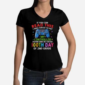 100Th Day Of 2Nd Grade - Funny Game Controller Gift For Kid Women V-Neck T-Shirt | Crazezy