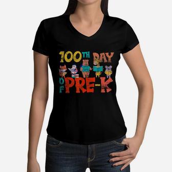 100Th Day Of Pre K Student Kid Gift Happy 100 Days Of School Women V-Neck T-Shirt | Crazezy