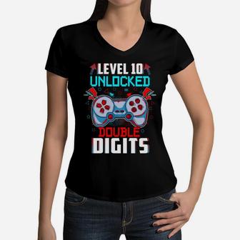 10Th Birthday For Boys Double Digits 10 Year Old Gifts Gamer Women V-Neck T-Shirt | Crazezy UK