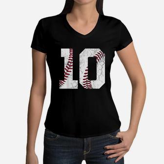 10Th Birthday Gift Baseball Boys Kids Ten Number 10 Tenth Women V-Neck T-Shirt | Crazezy CA