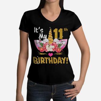 11Th Birthday Girl 11 Years Old Awesome Unicorn Flower Bday Women V-Neck T-Shirt | Crazezy DE