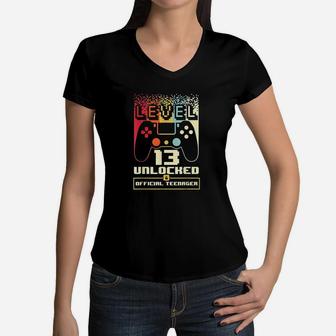 13Th Birthday Gift Boys Level 13 Unlocked Official Teenager Women V-Neck T-Shirt | Crazezy