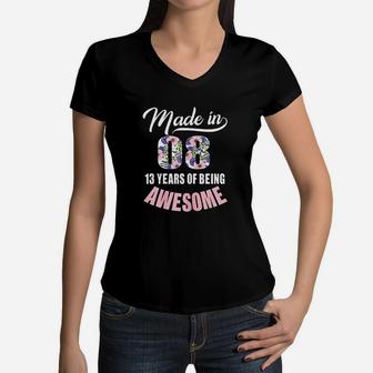 13Th Birthday Gift Girl Born In 2008 13 Years Old Women V-Neck T-Shirt | Crazezy CA