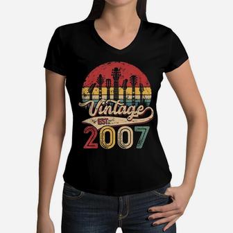 14Th Bday Gift Boys Girls Vintage 2007 Retro 14 Years Old Women V-Neck T-Shirt | Crazezy