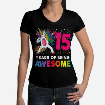 15Th Birthday Dabbing Unicorn Party Gift 15 Years Old Girls Women V-Neck T-Shirt | Crazezy DE