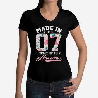 15Th Birthday Girl Gift For Teenager Girls Made In 2007 Women V-Neck T-Shirt | Crazezy