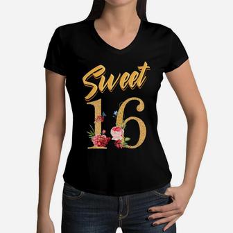 16Th Birthday Girl Flower Sixteen Years Sweet 16 Women V-Neck T-Shirt | Crazezy