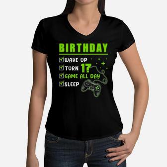 17 Year Old Gamer Boys Kids 17Th Perfect Birthday Gaming Women V-Neck T-Shirt | Crazezy