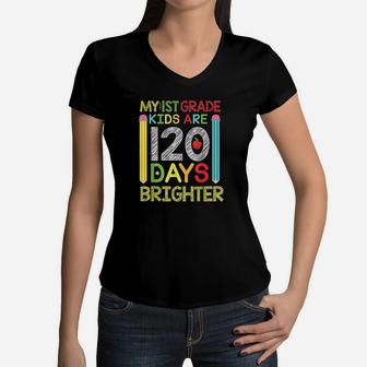 1St Grade 120 Days Of School Pencil Teacher Kids Women V-Neck T-Shirt | Crazezy
