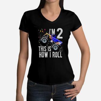 2 Year Old 2Nd Birthday Boy Monster Truck Car Women V-Neck T-Shirt | Crazezy CA