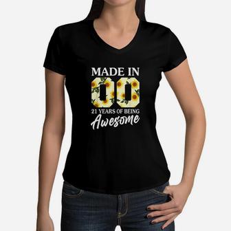 21 Year Old Girl Sunflower Women V-Neck T-Shirt | Crazezy