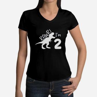 2Nd Birthday Boy Dinosaur Women V-Neck T-Shirt | Crazezy