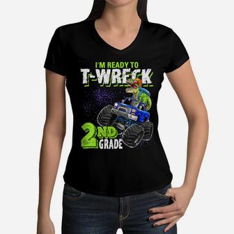 2Nd Grade Dinosaur Monster Truck Back To School Gift Boys Women V-Neck T-Shirt | Crazezy