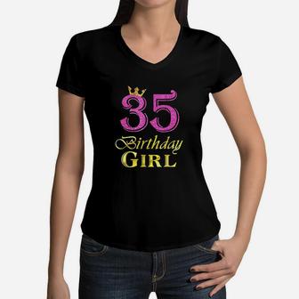 35Th Birthday Girl Pink Princess Women V-Neck T-Shirt | Crazezy DE