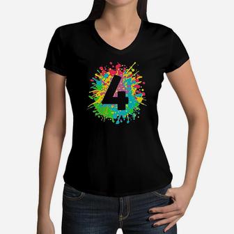 4Th Birthday For Kids Number 4 In Paint Splashes Women V-Neck T-Shirt | Crazezy
