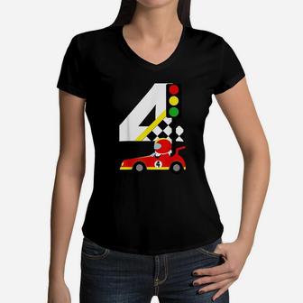 4Th Birthday Race Car Racer 4 Years Old Birthday Boy Women V-Neck T-Shirt | Crazezy CA